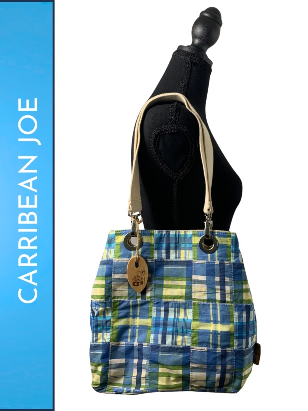 Caribbean Joe Blue Green Madras Patchwork Plaid Shoulder Bag Vacation Travel